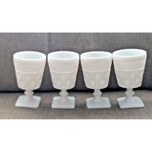 Set Of 4 McKee Opal Milk Glass Thumbprint Goblets 5.5" vintage White Glass